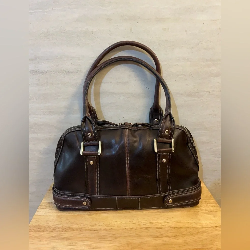 Vintage Liz Claiborne Women’s Dark Brown Leather Satchel with Dual Top Handles